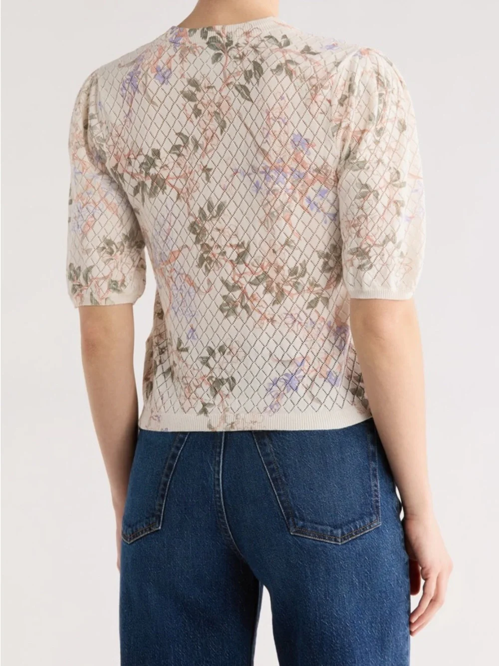 Ellen Tracy Cream Floral Short-Sleeve V-Neck Button Cardigan Top - Picture 3 of 8